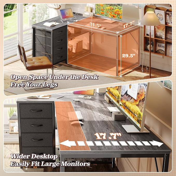 PRAISUN 43.3" Small Computer Desk with Power Outlets & USB-C Port, Reversible L Shaped Corner Office Desk with 4 Fabric Drawers and 2 Adjustable Storage Shelves, for Gaming Writing, Grey