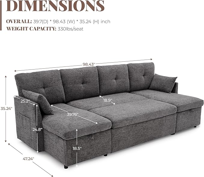 Huatean Home 100" Oversized Sleeper Sofa Couch, 2 in 1 Pullout Couch Bed with Side Pockets for Living Room, Sectional Sleeper Sofa Bed with Double Storage Chaise, Darkgrey