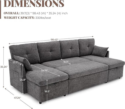 Huatean Home 100" Oversized Sleeper Sofa Couch, 2 in 1 Pullout Couch Bed with Side Pockets for Living Room, Sectional Sleeper Sofa Bed with Double Storage Chaise, Darkgrey