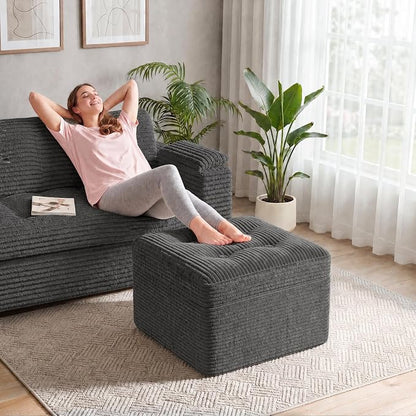 23.6in Pouf Ottoman, Corduroy Ottoman Foot Rest with Dual‑Layer Support, Large Plush Pouf with Soft Chunk‑Foam Top & Firm Foam Base, Floor Foot Stool for Living Room, Dark Grey