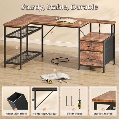 Korfile 49 Inch L Shaped Gaming Desk with Power Outlets and Type-C Port, Reversible Computer Office Desk with 2 Fabric Drawers & Mesh Shelves, Corner Desk for Study Work Writing Desk,Rustic Brown
