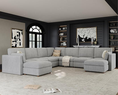 Oversized Modular Sectional Sofa U-Shaped Cloud Couches Gray | Large Deep Seat Couch for Living Room, 9 Seater Luxury Corner Sofa with Ottoman, Solid Wood Frame, Removable Washable Cover
