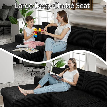 Shintenchi 105" Modular Sectional Sofa, Boneless L Shaped Couch with Deep Seat, Cloud Foam Couch with Oversized Chaise, Plush Corduroy Sofa No Assembly Needed for Living Room, Black