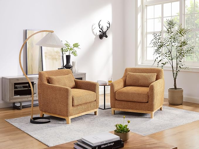 VANOMi 31" W Living Room Accent Chairs Boucle Chair for Bedroom, Orange | Oversized Armchair with Thick Cushion Reading Chairs for Living Room, Apartment
