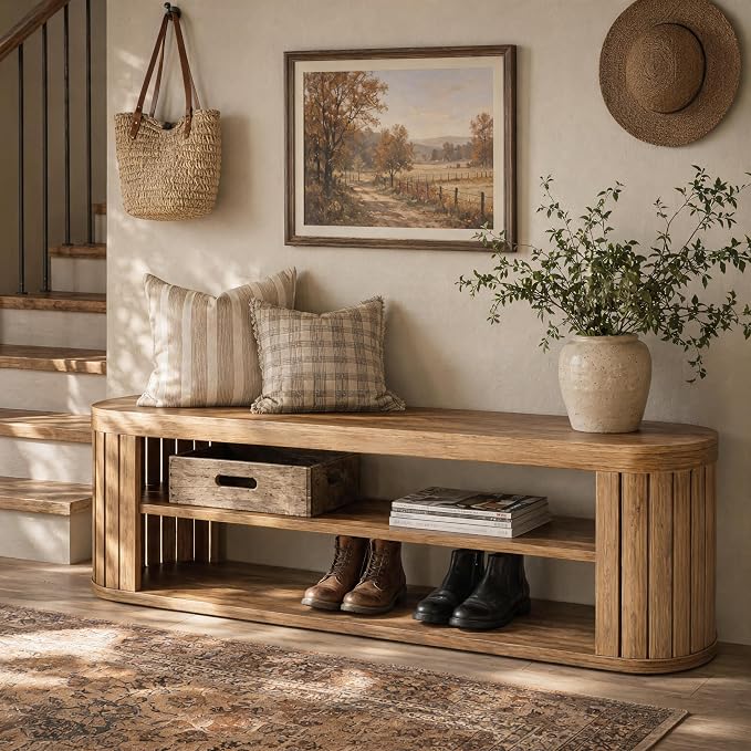 Tribesigns 47.2 in. 3-Tier Entryway Bench with Shoe Storage,Farmhouse Wooden Foyer Bench with Adjustable Foot Pads,End of Bed Bench for Hallway,Bedroom,Entryway (Yellow)