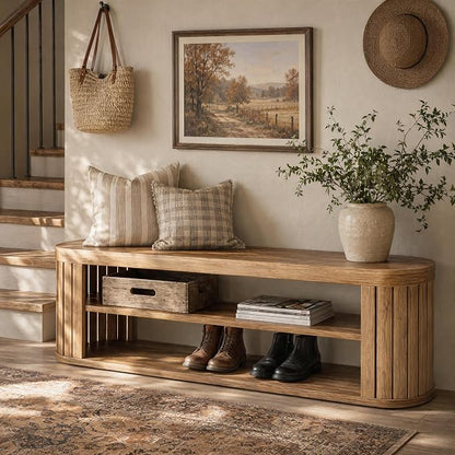 Tribesigns 47.2 in. 3-Tier Entryway Bench with Shoe Storage,Farmhouse Wooden Foyer Bench with Adjustable Foot Pads,End of Bed Bench for Hallway,Bedroom,Entryway (Yellow)