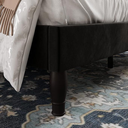 Allewie Queen Velvet Bed Frame with Adjustable Headboard, Wooden Slats, No Box Spring Needed, Easy Assembly, Black