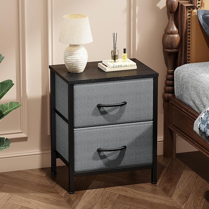 Sweetcrispy Nightstand Set of 2 with 2 Storage Drawers, Small Bedside Table | 20" Height End Table, Wooden Top Fabric Cabinet for Bedroom, Furniture, Closet, College Dorm, Grey