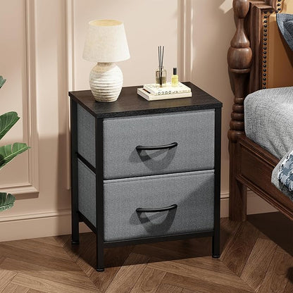 Sweetcrispy Nightstand Set of 2 with 2 Storage Drawers, Small Bedside Table | 20" Height End Table, Wooden Top Fabric Cabinet for Bedroom, Furniture, Closet, College Dorm, Grey