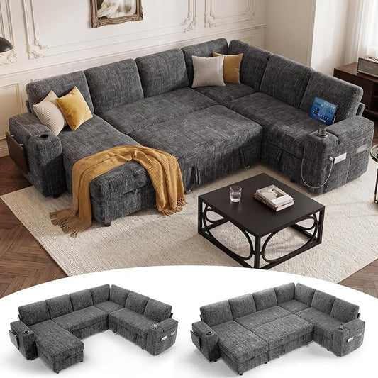 Vipbear Premium 111" Modular Sectional Sleeper Sofa, 7 Seat Sleeper Sofa with Pull Out Bed for Living Room, L Shaped Couch with Storage Chaise|USB Ports|Cup Holders|Storage Armrests|Side Table, Gray