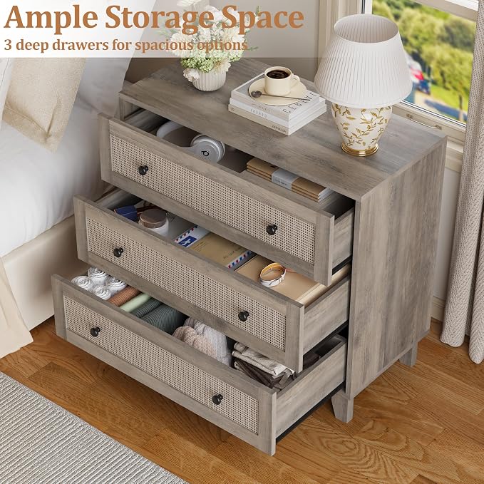 Rattan 3 Drawer Dresser for Bedroom, Small Boho Dresser with Wood Handles, Wood Nightstand, 29.52" Wide Modern Dresser, Chests of Drawers for Living Room, Entryway, Hallway, Wood Gray