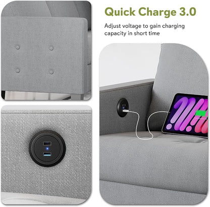 STHOUYN 73" W 3 Seater Couch with USB Ports, Grey Comfy Sofa Couches for Small Spaces, Mid Century Modern Couch Loveseat for Living Room, Bedroom, Apartment (Light Grey)