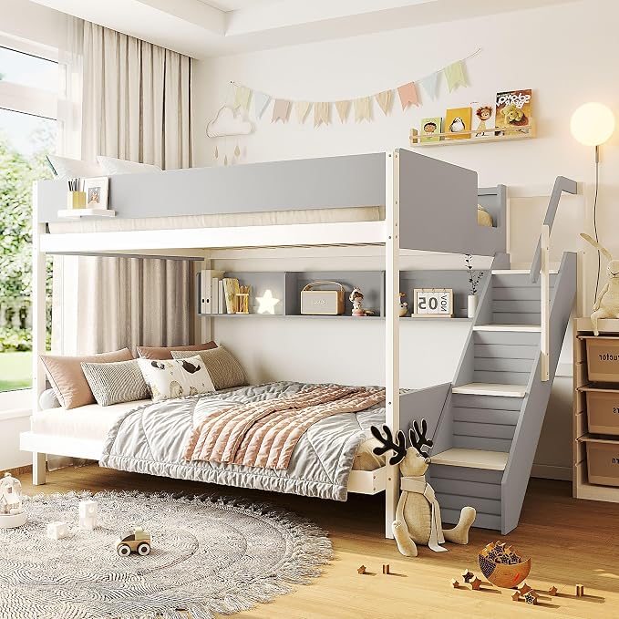 Wood Bunk Bed Twin Over Full with Staircase and Side Shelves | Striped-Design Staircase, Built-In Light Strip, Space-Saving Design, Kids Teens Adults, Versatile Bed Frame