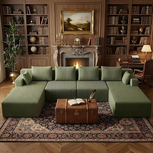 142" Oversized Cloud Modular Sectional Sofa Boneless Couches with Double Chaise Lounge and Deep Seat, Fluffy Corduroy Upholstered Compressed Lounge Sofa & Couches for Living Room