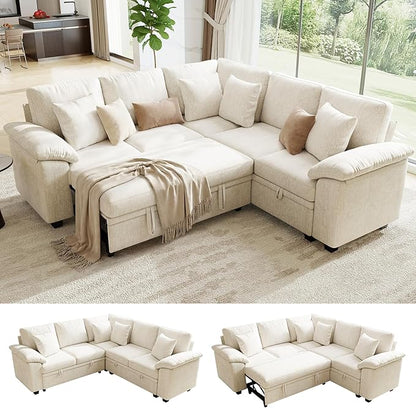 86" Modular Sectional Sleeper Sofa with Pull Out Bed, L Shaped 5 Seat Couch with 151L Storage, Convertible Cloud Couch Bed, Sectional Couches for Living Room, Apartment (Beige)