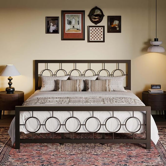SHA CERLIN King Size Metal Bed Frame with Vintage Circular Design Headboard and Footboard,No Box Spring Required, Easy Assembly,Noise-Free,Brown
