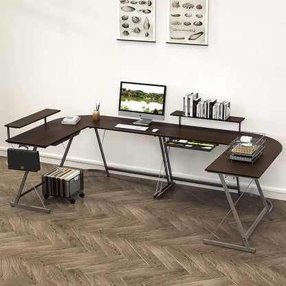 SHW 51 x 51 Inches Vista L-Shaped Desk with Monitor Stand and Drawer, Espresso