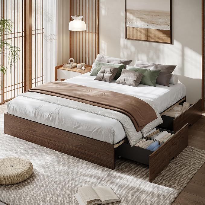 GarveeHome California King Wood Platform Bed Frame with 2 Storage Drawers, Wooden Bed Frame Without Headboard, Wood Slat Support, No Box Spring Needed, Easy Assembly