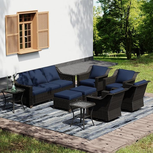 Joyside Wicker Patio Furniture Sets, 9 Pieces Upgraded Large Size Outdoor Furniture with 4 Swivel Rocking Patio Chairs, 3-Seat Sofa, Outdoor Ottoman, Thick Cushions, Wide Armrest, Blue