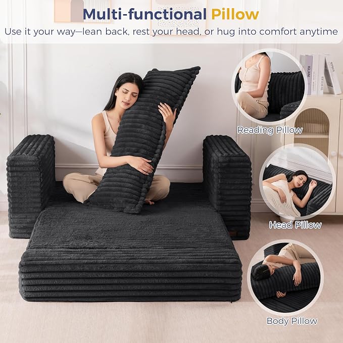 MAXYOYO Convertible Sofa Bed, 2 in 1 Folding Couch Bed for Small Space, Pull Out Loveseat Sofa Couch with Large Back Pillow, Plush Faux Fabric Lounge Couch for Living Room, Apartment, Black