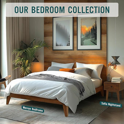 Acacia Mervyn Queen Size Bed Frame, Queen Platform Bed Frame, Mid Century Wood Bed Compatible with All Mattress Types, Wood Slats Support, Queen Bed Frame, Caramel