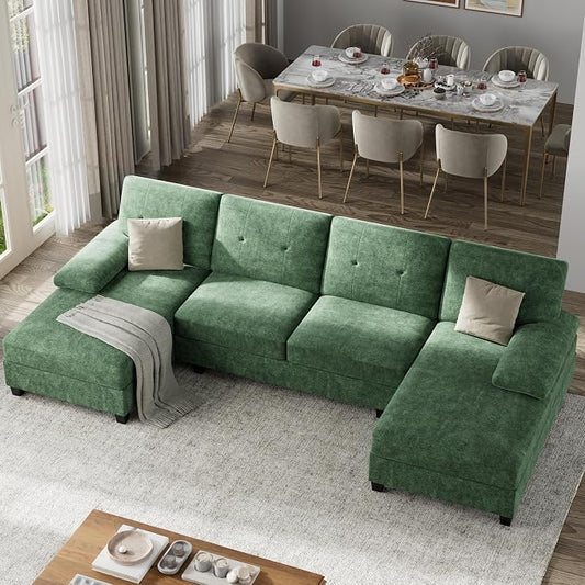 Shintenchi U-Shaped Sectional Couches for Living Room, 4 Seat Sofa with Double Chaise Lounges,Solid Wood Frame Sectional Sofa for Apartment,Green