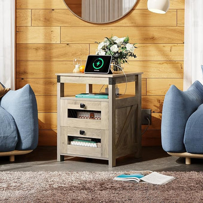 WLIVE Nightstand with Charging Station, Farmhouse End Table, Bed Side Table with 2 Storage Drawers and Open Shelf, Wood Rustic Nightstands for Bedroom, Greige