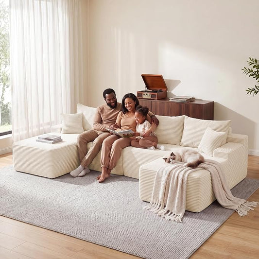 Mangodan 118'' Cloud Sectional Couch, U Shaped Boneless Couches for Living Room, Modular Sectional Sofa with Deep Seat Light Facing Chaise, Comfy Cloud Couch Sofa, Beige