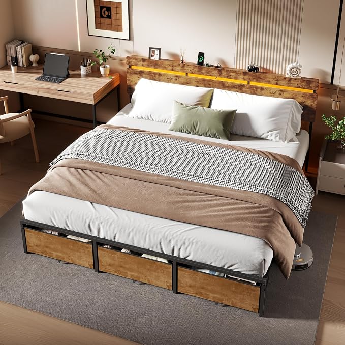 Forestell King Size Bed Frame with Wood Headboard, Metal Platform Bed with 3 Storage Drawers & Shelf, Built-in Charging Station & LED Lights, No Box Spring Needed, Vintage Brown, Camas King