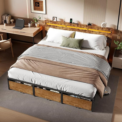 Forestell King Size Bed Frame with Wood Headboard, Metal Platform Bed with 3 Storage Drawers & Shelf, Built-in Charging Station & LED Lights, No Box Spring Needed, Vintage Brown, Camas King