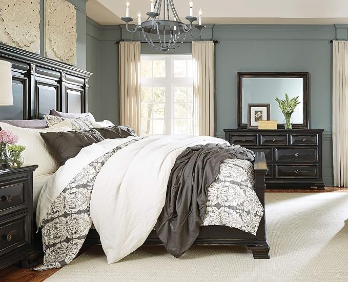 Roundhill Furniture Renova Vintage Black Wood Bedroom Set, King Panel Bed, Dresser, Mirror, Nightstand, Chest