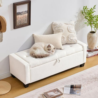 Huatean Home 43" Ottoman with Storage, White Storage Ottoman Bench with Safety Hinge, Upholstered Entryway Bench with Seating for Bedroom, Living Room, Holds up to 330 lb