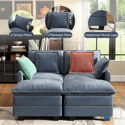 58" Cloud Couch Loveseat, Deep Seat Modular Sectional Sofa with 4 Removable Washable Pillows and 2 Ottoman for Living Room, Bedroom, Apartment, Blue