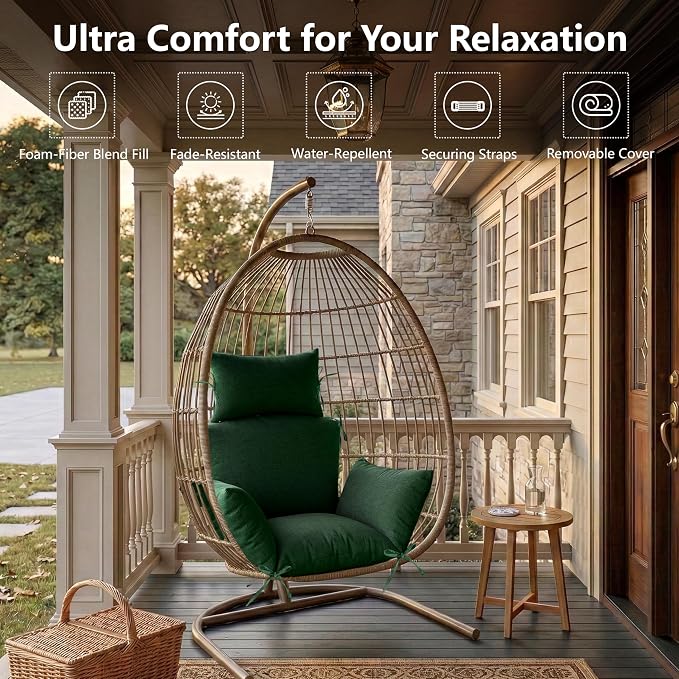 Egg Chair Cushion with 8 Securing Straps, Water-Repellent & Fade-Resistant Faux Linen, Removable Cover, Replacement Cushion for Most Single Outdoor Hanging Swing Egg Chairs – Olive Green