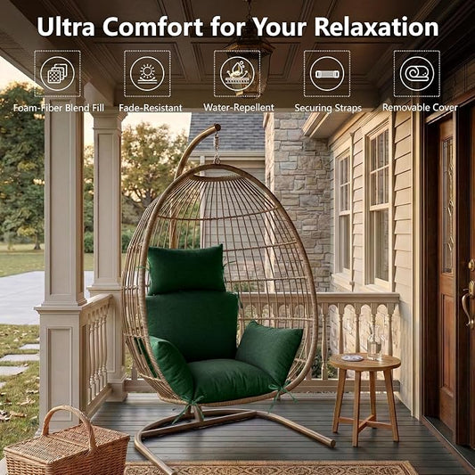 Egg Chair Cushion with 8 Securing Straps, Water-Repellent & Fade-Resistant Faux Linen, Removable Cover, Replacement Cushion for Most Single Outdoor Hanging Swing Egg Chairs – Olive Green