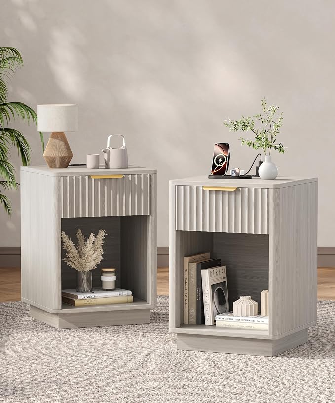 Akxomel Fluted Nightstands Set of 2, Wooden Night Stand with Charging Station and LED Light, Modern Mid Century Bed Side End Table with Drawer, 15" D x 15.7" W x 22.6" H, for Bedroom, White Alder