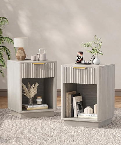 Akxomel Fluted Nightstands Set of 2, Wooden Night Stand with Charging Station and LED Light, Modern Mid Century Bed Side End Table with Drawer, 15" D x 15.7" W x 22.6" H, for Bedroom, White Alder