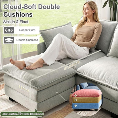 107" Cloud Couch Sectional, U Shaped Modular Sectional Sofa, 4-Seat Deep Seat Couch with 6 Removable Washable Pillows and 2 Ottoman for Living Room, Bedroom, Apartment, Light Grey