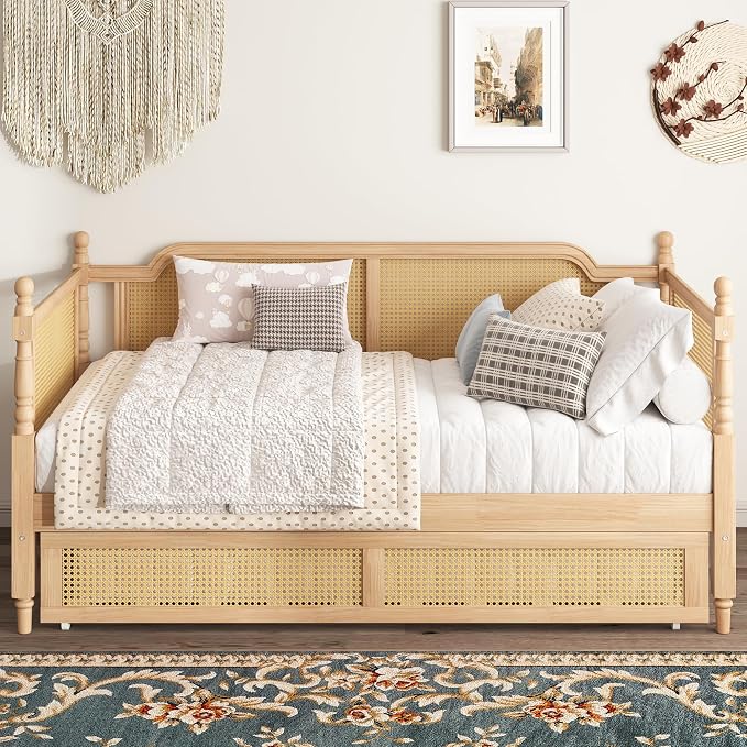 Merax Full Size Bedframe with Full Trundle and Footboard, Vintage Wooden Daybed Platform Bed with Natural Rattan Headboard, No Box Spring Needed, Noise-Free, Antique Walnut