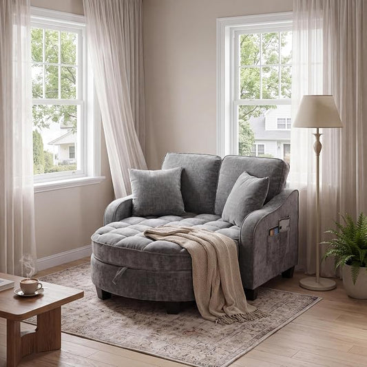 ERYE Chenille Tufted Loveseat Sofa and Ottoman Set, Tufted Recliner Sleeper Chaise Lounge with Curved Storage Ottoman,Reclining Backrest and Side Pockets, 4 Pillows