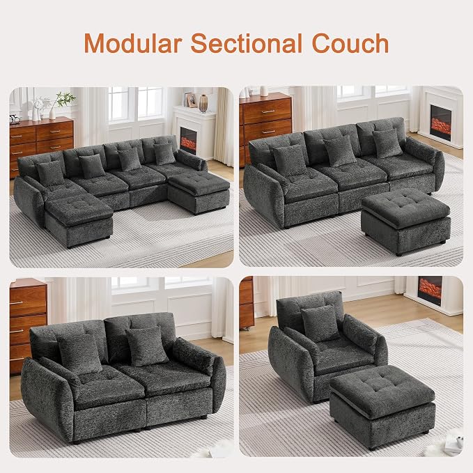 30" Modular Cloud Accent Chair with Ottoman, Deep Seat Tufted Chenille Sofa Chair with Curved Arms, Upholstered Reading Chairs for Living Room, Bedroom, Dark Grey