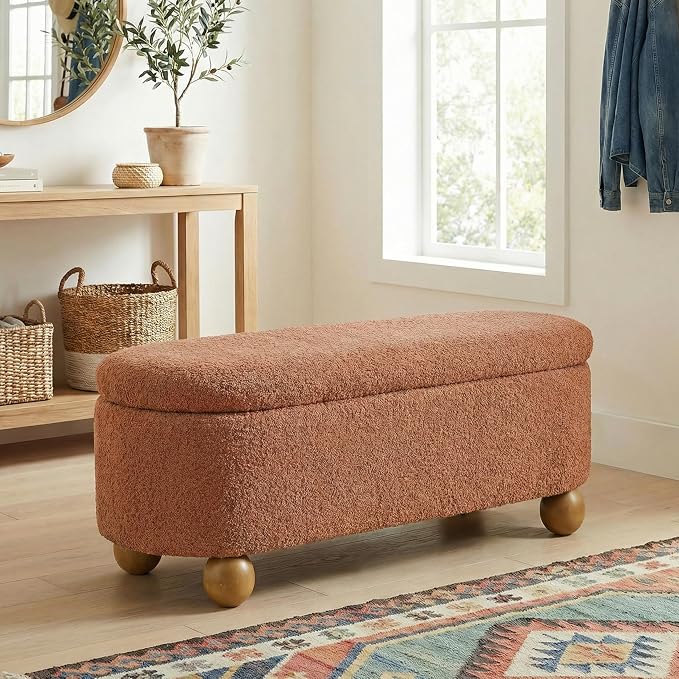 VKNOW 44.8" Storage Ottoman Bench End of Bed Bench, Thickened Upholstered Blanket Chest for Living Room, Entryway Bench with Hinge and Cute Spherical Solid Wood Stool Legs for Bedroom, Orange