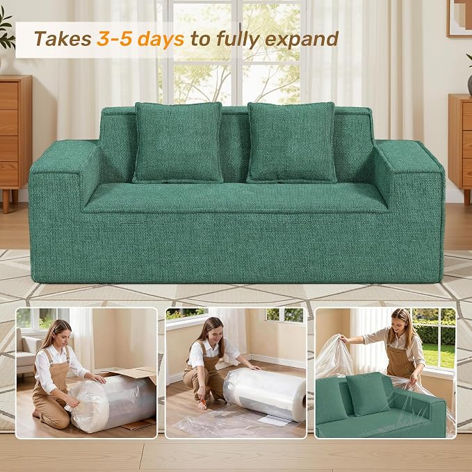 Luxanimarion 77'' Modern Small Loveseat, No Assembly Required Cloud Sofa Cloud Sofa Boneless Couches with 2 pcs Pillows for Living Room, Apartment(Polar Fleece-Green)