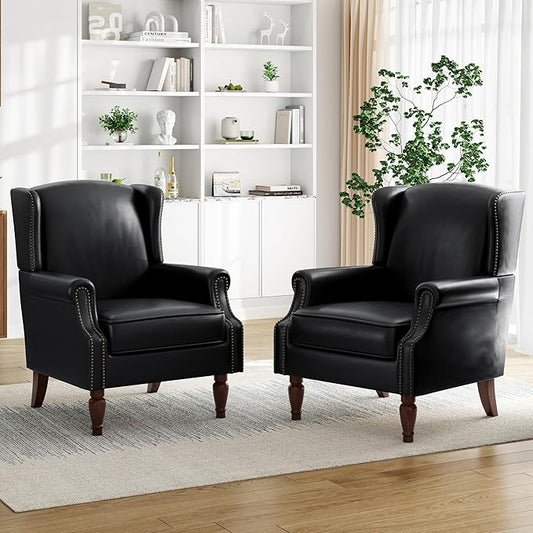 Pia Ricco Set of 2 Faux Leather Accent Chairs, High Back Wingback Armchairs with Retro Floral Design, Nailhead Trim & Solid Wood Legs for Living Room Bedroom (Black)