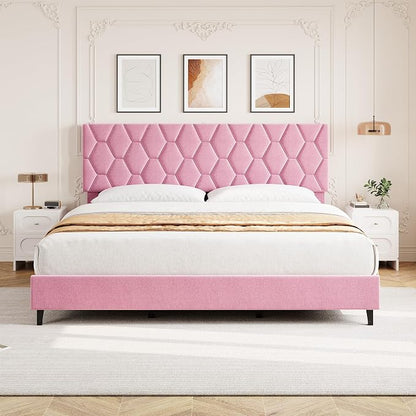 GAOMON Bed Frame with Upholstered Headboard, Heavy-Duty Platform Bed Frame with Strong Wood Slats, No Box Spring Needed/Noise Free/Easy Assembly,King,Pink
