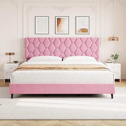 GAOMON Bed Frame with Upholstered Headboard, Heavy-Duty Platform Bed Frame with Strong Wood Slats, No Box Spring Needed/Noise Free/Easy Assembly,King,Pink