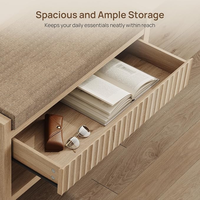 SICOTAS 31.3”W Fluted Entryway Shoe Bench with Cushion Set of 2, Light Oak | Modern Fluted Design, 300 lb Capacity Per Bench,19.69"H Ergonomic Seat, Spacious Drawer, Open Shoe Storage, Multi-Room Use