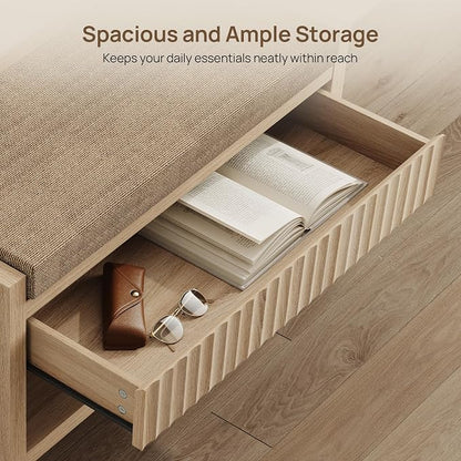 SICOTAS 31.3”W Fluted Entryway Shoe Bench with Cushion & Drawer, Light Oak | Modern Fluted Design, 300 lb Capacity, 19.69"H Ergonomic Seat, Spacious Drawer, Open Shoe Storage, Multi-Room Use