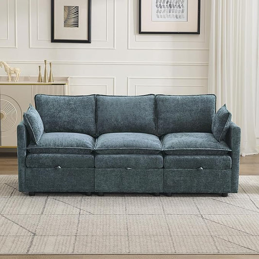 80" Cloud Modular 3 Seater Sofa with Storage, Modern Upholstered Storage Sofa Couch Deep Seat, Sectional Sofa Chenille Comfy Couch with Armrests for Living Room, Small Space, Blue