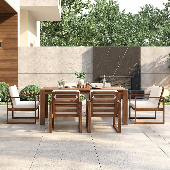 Patio Table and Chairs Set, Outdoor Dining Set for 6 with Umbrella Hole, 7 Piece Outdoor Patio Furniture Set Wood Frame with Removable Cushion for Garden, Backyard